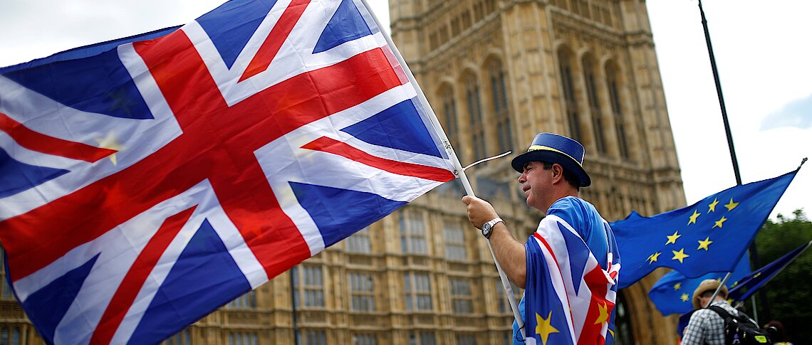 Anti-Brexit demonstrators wave EU and Union flags opposite the Houses of Parliament, in London Reuters