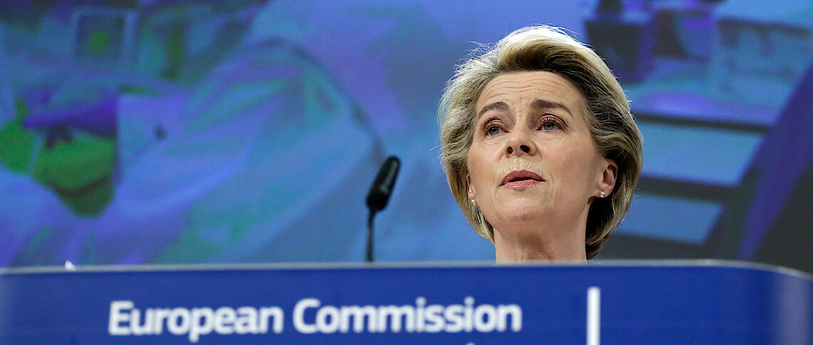 EU Commission head von der Leyen at a news conference on plans to tackle Covid-19 variants Reuters
