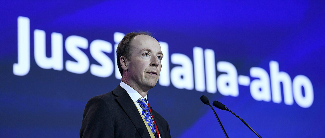 Chairman of the Finns Party Jussi Halla-aho delivers a speech at the Finns Party congress Reuters