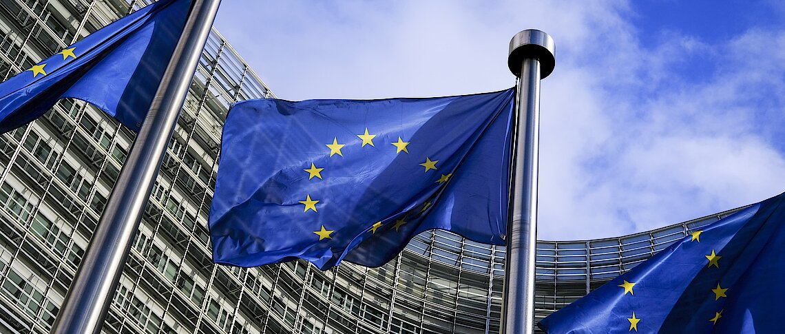 European flags in front of European Commission headquarters EPA
